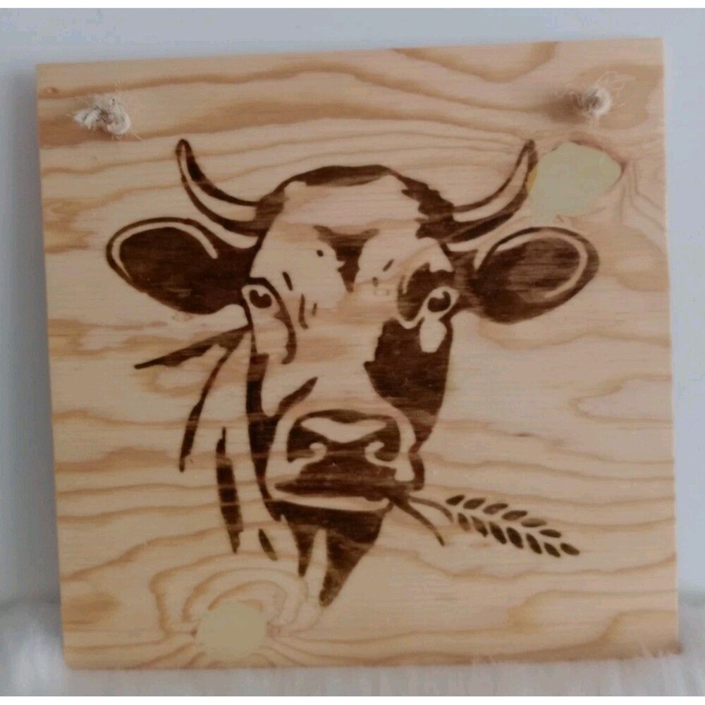 Handmade Cow Home Decor Wood Burnished 12 X 12" Plaque Wall Hanging New